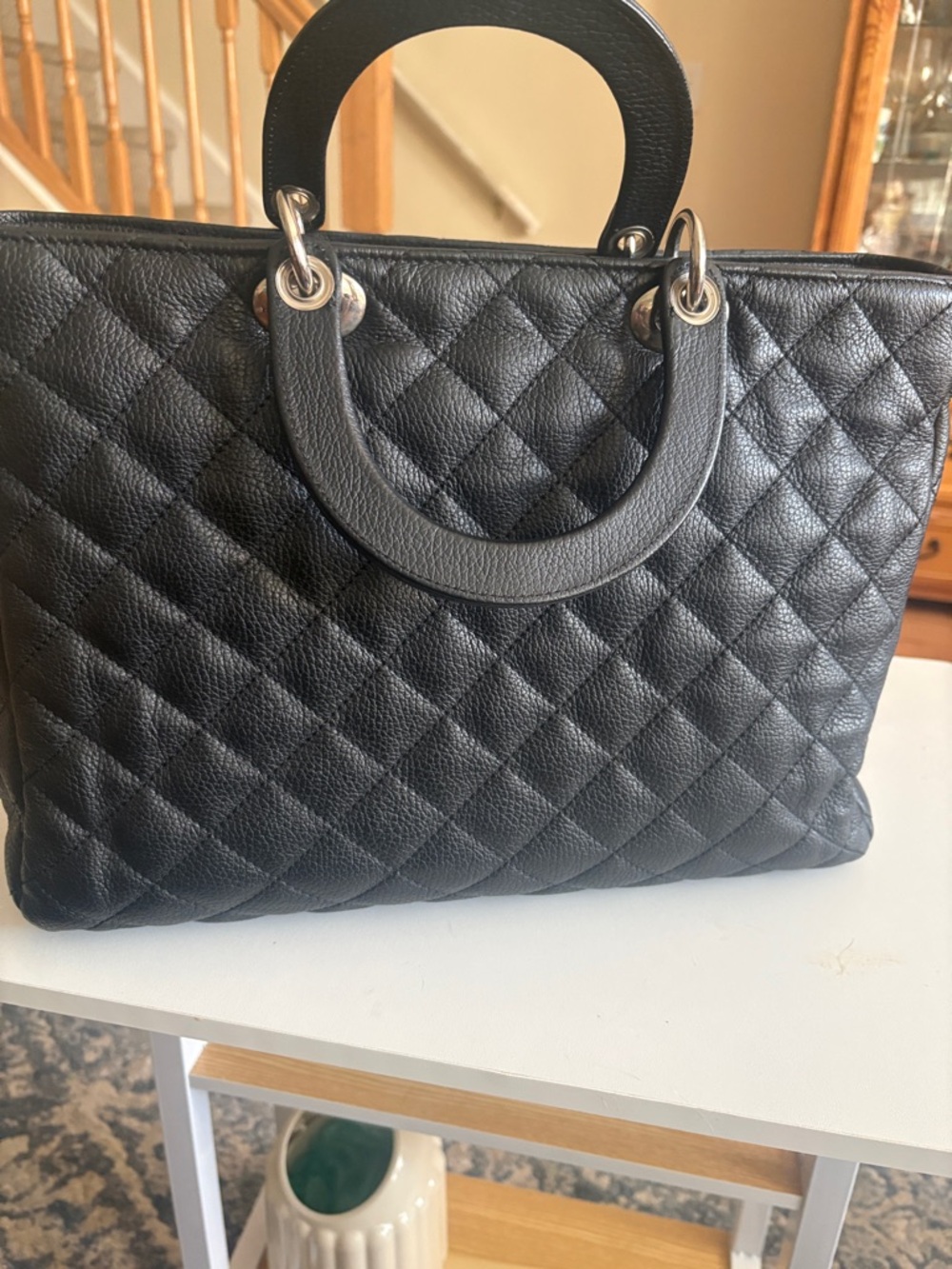 Black Quilted Leather Satchel with Top Handles